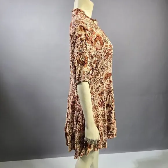 Olivaceous Brown and Tan Pleated Tunic with Mandarin Collar R7 - Picture 3 of 5